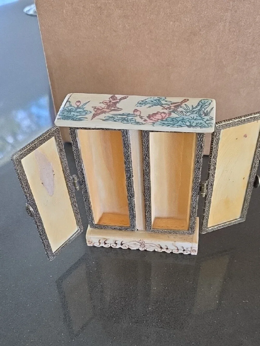 Hand-Painted Carved Ox Bone Asian Mini Cabinet/Trinket Box with Figural Design.